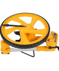 CFTGIW Measuring Wheel Portable Accurate 0-9999.9m Double Folding Tool for, yellow wheel with rubber tire, side view.