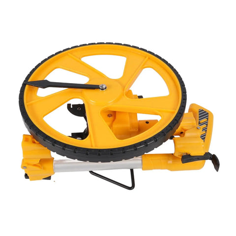 CFTGIW Measuring Wheel Portable Accurate 0-9999.9m Double Folding Tool for, yellow wheel with rubber tire, side view.