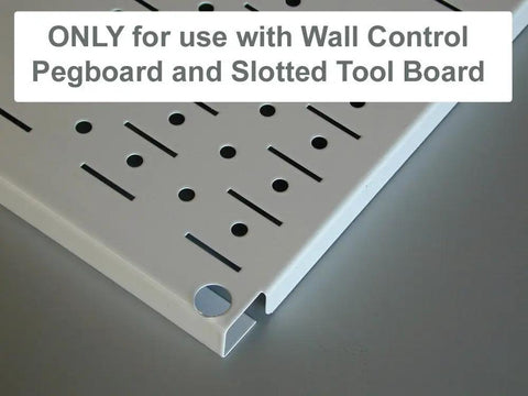 Long Reach Pegboard Hook Pack fits slotted tool boards, close-up of metal pegboard panel with slots for tool hooks.