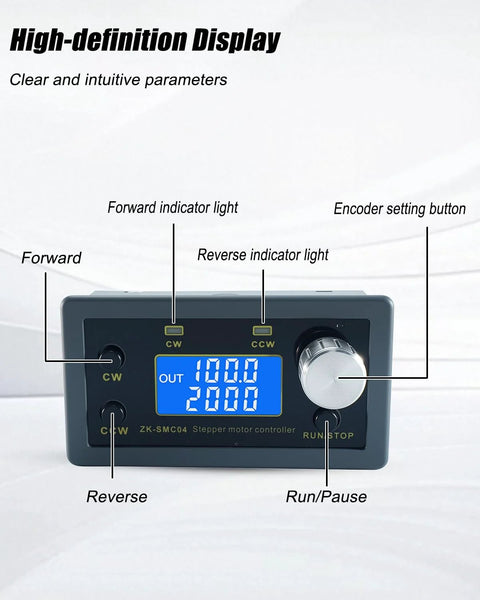 Front view of ZK-SMC04 stepper motor controller with blue LCD display and knob, showing Run/Pause and forward/reverse controls.