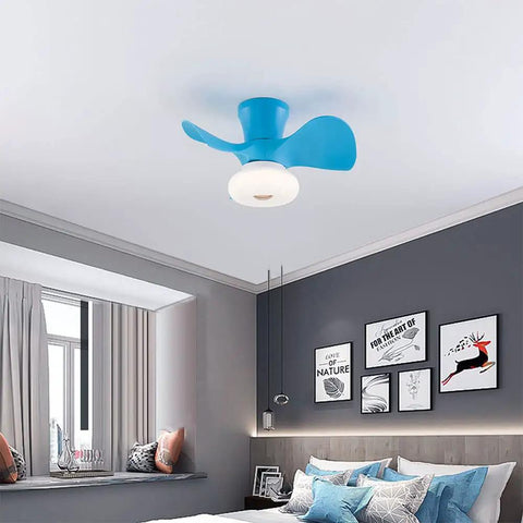 Ceiling Fan with Light 22 Inch 6 Speeds Timing 3 Color Temperatures for in blue, mounted in a modern bedroom, with white light.