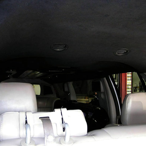 Halero black suede headliner fabric 96x60 in with foam backing, installed in SUV interior