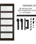 36 Inch By 84 Inch Glass Barn Door With 6.6 Foot Sliding Door Hardware Kit Included And Handle Five Panel Frosted Glass Solid Wood Slab With Waterproof PVC Surface For Privacy And Durability Pre Drilled For Easy Assembly Brown package contents.
