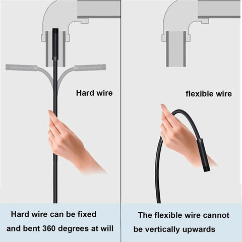 Comparison of hard wire and flexible wire for No Sweat Setup 1920P HD Endoscope Camera; showing flexibility and usability.