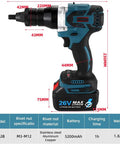 Heavy Duty Beef Twenty Six Volt Cordless Electric Riveter Gun And Rivet Nut Kit side view with measurements, lithium ion battery, ergonomic handle