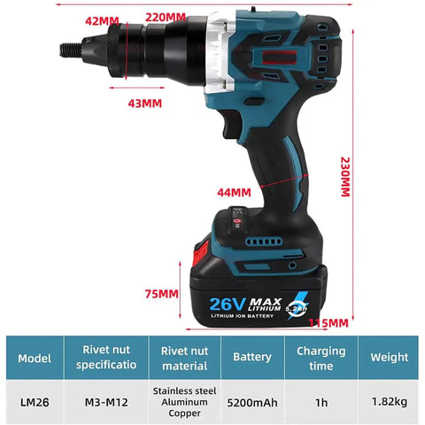 Pro Level 26 Volt Cordless Electric Rivet Nut Gun Featuring Rechargeable Dual Batteries For M3 Through M12 Blind Fastener Sets, side view with battery.