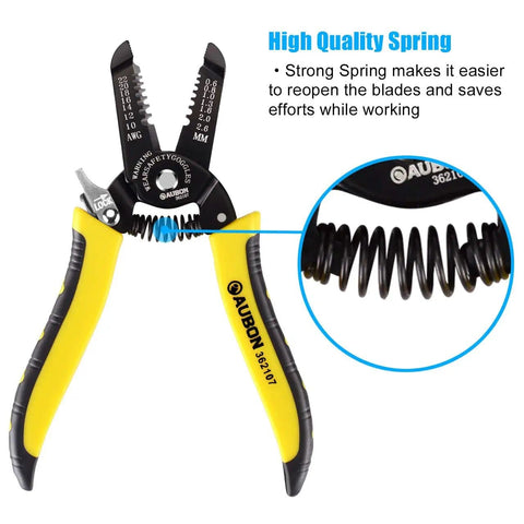 2-Pack Pro-Grade Wire Stripper And Cutter Set For 10-22 AWG, ergonomic handle, close-up of heavy-duty spring mechanism.