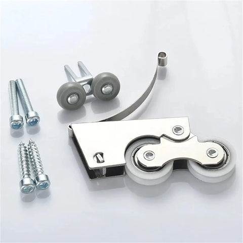 Heavy Duty Dual Wheel Caster Set with mounting hardware, designed for smooth sliding door rollers and cabinet upgrades.