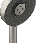 Statement Round Three Function Handshower With 1.75 GPM Flow For A Powerful Spa Like Spray Katalyst Air Induction, brushed nickel finish.