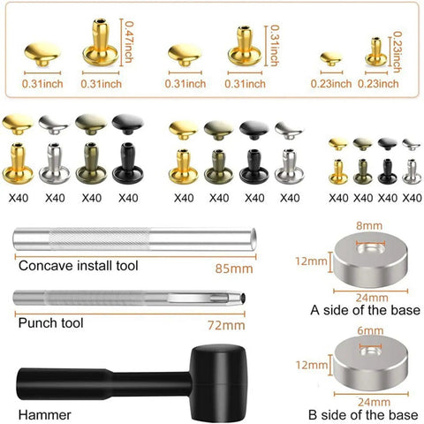 480 Piece Snap Button Fastener Kit For Leather Clothing And Crafts With Stainless Steel Caps Posts Screws And Installer Tools Pro Grade Easy Press Set For Bags Hats Belts DIY Repair, tools and sizes shown