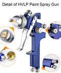 Close-up of HVLP Spray Gun with Replaceable 1.4mm 1.7mm 2.0mm Nozzles and 600cc Cup for car primer and wall painting.