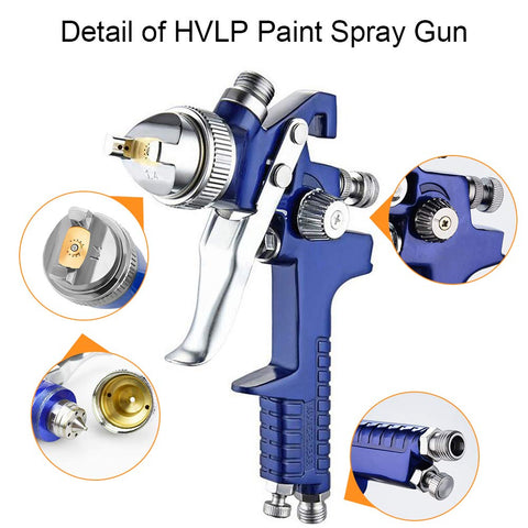 Close-up of HVLP Spray Gun with Replaceable 1.4mm 1.7mm 2.0mm Nozzles and 600cc Cup for car primer and wall painting.