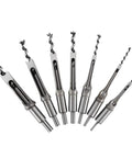 Pro Grade 7 Piece Square Hole Mortise Drill Bit Set HSS Woodworking Chisel Bits arranged in a fan shape