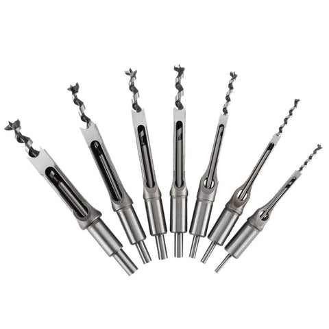 Pro Grade 7 Piece Square Hole Mortise Drill Bit Set HSS Woodworking Chisel Bits arranged in a fan shape