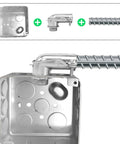 Heavy Duty 90 Degree Squeeze Connectors for Half Inch Flexible Metal Conduit AC and FMC installed on junction box.