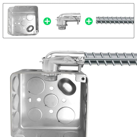 Heavy Duty 90 Degree Squeeze Connectors for Half Inch Flexible Metal Conduit AC and FMC installed on junction box.