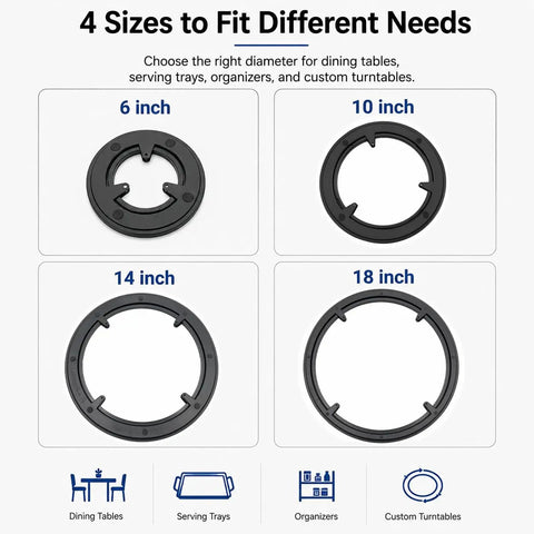 Four sizes of lazy susan turntables shown: 6 inch, 10 inch, 14 inch, and 18 inch for versatile kitchen use.