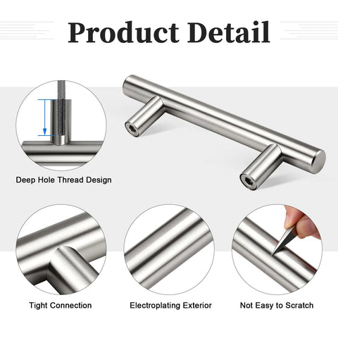 Product detail of Six Pack Three Inch Hole Center Brushed Nickel T Bar Cabinet Pulls Stainless Steel Kitchen Cabinet Handles.