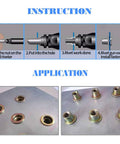 Instructional images showing steps for using 50-Piece 1/2-Inch 13 UNC Zinc Plated Carbon Steel Flat Head Rivnut Threaded Inserts.
