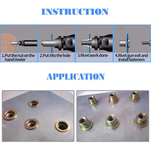 Instructional images showing steps for using 50-Piece 1/2-Inch 13 UNC Zinc Plated Carbon Steel Flat Head Rivnut Threaded Inserts.