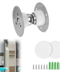 Front view of white magnetic RV exterior door catch with metal mounting plate; includes screws and wall plugs.