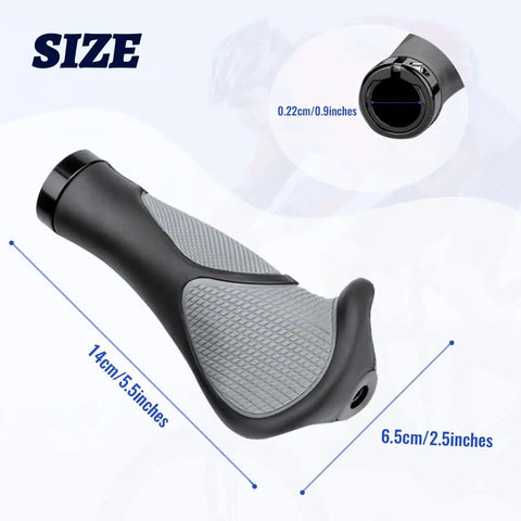 No Slip Locking Bike Grips For 22.2mm Handlebars shown with dimensions and ergonomic design in black and gray