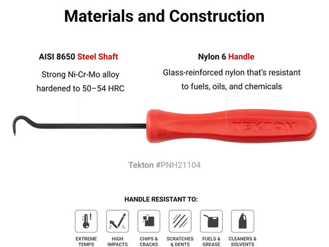 90 Degree Pointed Pick With 1/8 Inch By 3 Inch Shank For Precision Prying Scraping And Pulling Tasks, Sharp 30 Degree Point With Two Wings To Prevent Twisting, Made In USA, showing AISI 8650 steel shaft and nylon 6 handle details