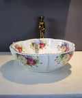 Green Flower Round Vessel Sink For Above Counter Bathroom Vanity In Ceramic Porcelain Handmade Art Basin With Smooth Glaze