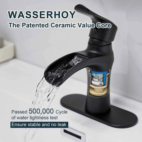 Waterfall Matte Black Bathroom Faucet For Single Hole Or 3 Hole Sinks With Ceramic Valve, Leak Proof No Drip Black Sink Faucet