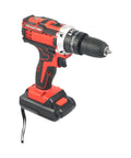 Badass Cordless Electric Drill Set 24 Piece with 2 Speed Variable Control and 25 Torque Positions plus Impact Mode for Drilling and Screwdriving includes complete Accessory Kit with Twist Drill Bits and Wood Bits Heavy Duty Power Tool - close-up of drill with red and black design.