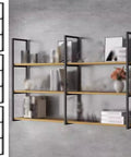 Heavy Duty 3 Layer Wall Mount Shelf Brackets With Included Screws Black Steel showcasing three wooden shelves and decorative items.