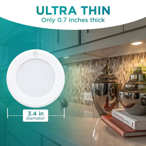 Wireless LED Puck Light With Remote Control For Under Cabinet Closet And Counter Lighting, shown under kitchen cabinet