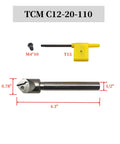 Front view of 1/2 in shank chamfering tool and boring bar with yellow holder; includes TCMT32.51 carbide inserts