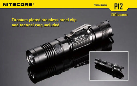 P12 2015 Version 1000 Lumens Tactical Flashlight With CREE XM L2 U2 LED Waterproof Aluminum Torch Side Switch displayed on glossy surface