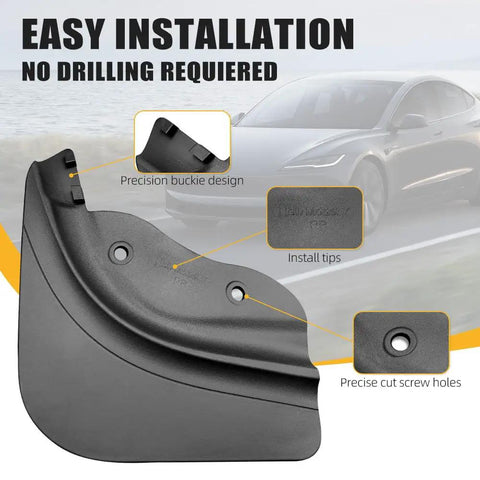 Close-up of Next Gen Tesla Model Y Mud Flaps Splash Guards Set of 4 Fits 2025 and 2026 Models with precision buckles.