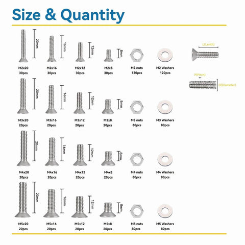 Rugged Stainless Steel Screw Set With M2 M3 M4 M5 Bolts, Flat Countersunk Socket Cap Screws, Nuts And Washers, Full Thread details