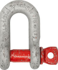 Close-up of Built Tough Screw Pin Chain Shackle Carbon Steel With Galvanized Finish For Rigging And Lifting Six And One Half Ton Working Load Limit Seven Eighths Inch Size Secure Screw Pin Closure Model G210 showing the red screw pin.