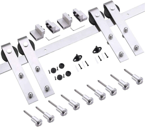 Modern Double Barn Door Set With 4 Lite Panels And 13 Ft Silver Rail Track Includes 2 Solid Interior Slabs And Full Sliding Hardware Kit