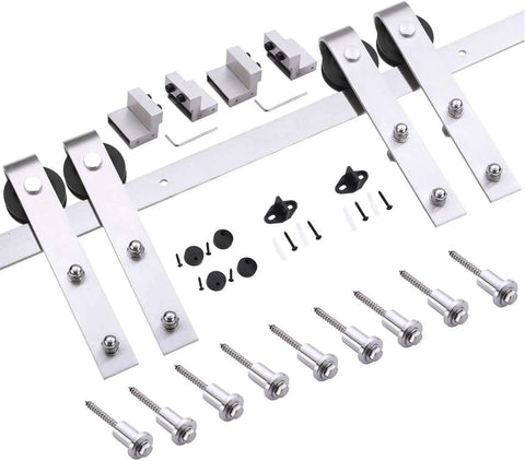 Straight Up No Hassle Sliding Double Barn Doors With Slick Stainless Rail Kit And Heavy Duty Hardware Set for Easy Install components.