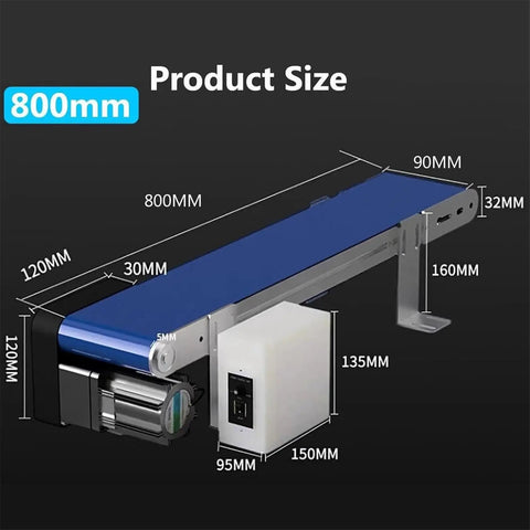Small Desktop Conveyor Belt With Adjustable Speed 1350 To 3000 RPM Built To Last Heavy Duty Industrial Drive Belt For Packaging Lines Food Beverage Pharma Electronics Chemicals Stainless Steel Construction 600mm By 90mm, 800mm size diagram