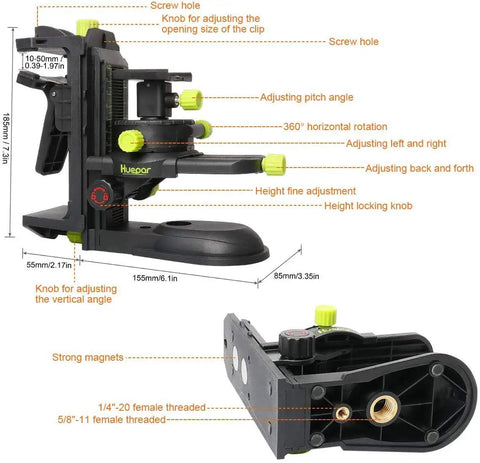 Fine-Tuning Bracket Laser Level Adapter Workhorse with Magnetic Pivoting Base, adjustable pitch and height knobs, PV10 Plus detail view