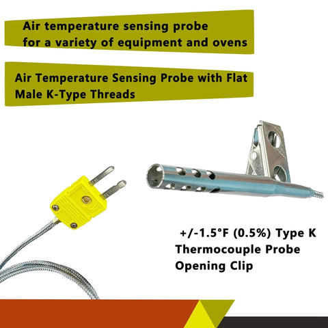 Front view of TL3163K K-type thermocouple air probe with open-hole stainless steel sleeve and mounting clip; yellow 2-pin connector