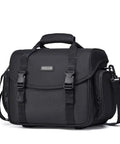 Black SLR Camera Bag For Single Shoulder Use with Large Capacity, shown with durable nylon material and secure clasps.