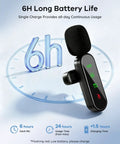 Wireless Lavalier Microphone Kit with long battery life display, showing 6h usage for iPhone Android Cameras with noise reduction.