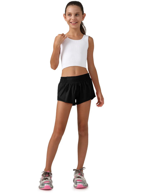 Girl wearing Girls Athletic Shorts With Liner Quick Dry Lightweight Running Shorts For Active Workouts Built In Mesh Liner Black Size S