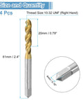 Spiral Flute Thread Tap Set 10-32 UNF H2 Right Hand Taps Titanium Coated, 6542 High Speed Steel, dimensions labeled in the image.