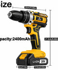 Heavy Hitter 20V Rechargeable Cordless Drill Driver Kit with dimensions, showcasing the design and battery capacity.