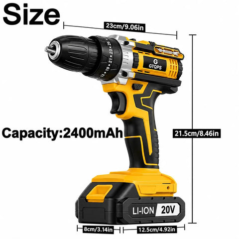 Heavy Hitter 20V Rechargeable Cordless Drill Driver Kit with dimensions, showcasing the design and battery capacity.