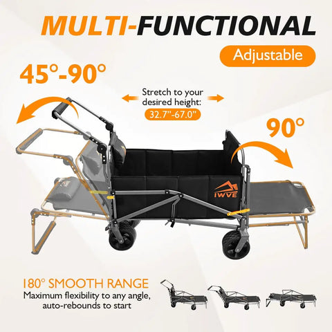 Heavy Duty Folding Wagon Cart With 660 Lb Capacity, 3 In 1 Reclining Camping Wagon showing adjustable backrest and frame.