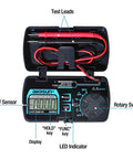 Auto Ranging Pocket Digital Multimeter, Tiny Handheld Travel Meter with open case showing display, test leads, and rotary switch.